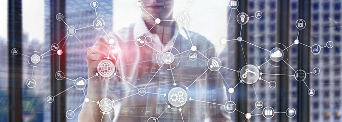 Technology industrial business process workflow organisation structure on virtual screen. IOT smart industry concept mixed media diagram.