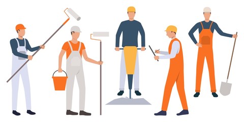 Wall Mural - Set of builders, painters, foreman and handymen working. Group of men wearing uniform and holding tools. Vector illustration for building work presentation slide, construction business design