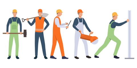Wall Mural - Set of foreman, builders and handymen working. Group of men wearing uniform and holding tools. Vector illustration for building work presentation slide, construction business