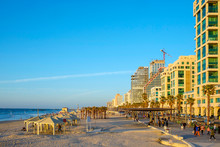 Israel, Tel Aviv-Yafo, Tel Aviv. Shlomo Lahat Promenade And Buildings Along The Beachfront At Geula Beach.
