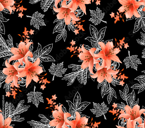 seampless pattern with wild flowers and leaves