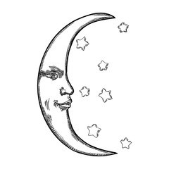 Wall Mural - hand drawn sketch of crescent moon human like face or anthropomorphic planet in black and white, iso
