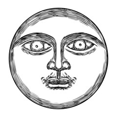 Wall Mural - hand drawn sketch of moon human like face or anthropomorphic planet in black and white, isolated on 