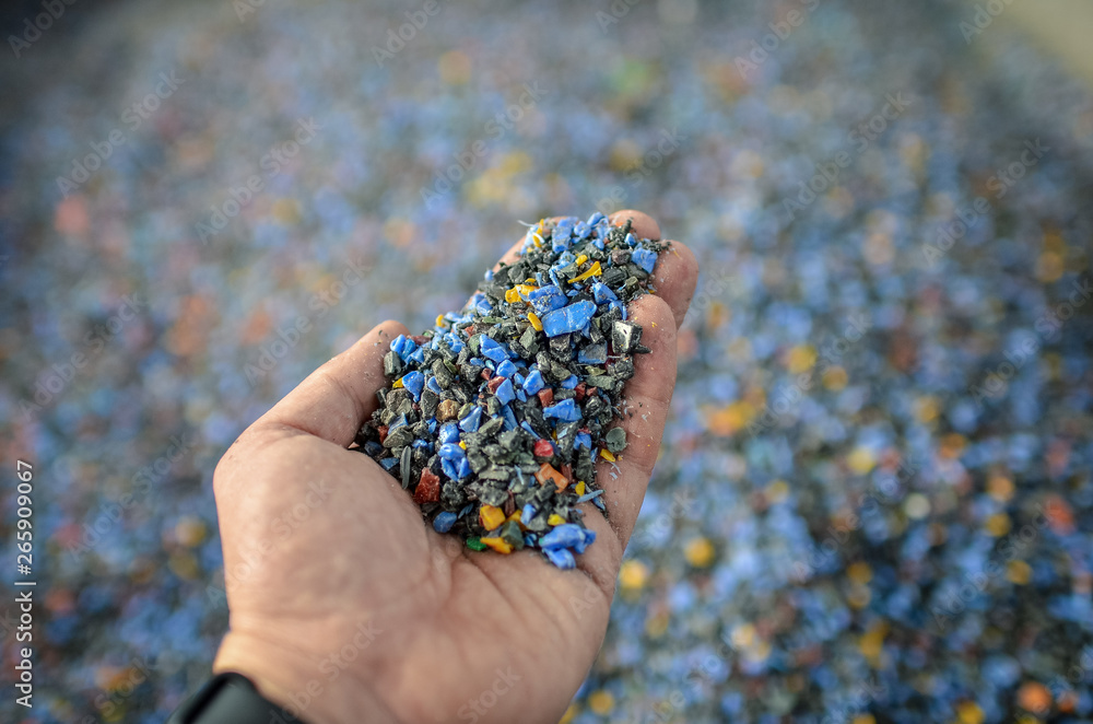 Hand holding recycled plastic chips as raw material in production. - obrazy, fototapety, plakaty 