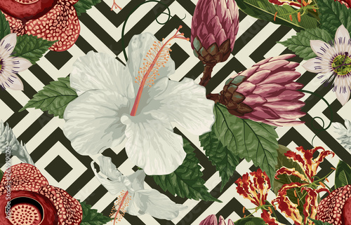 Materiał do szycia Vintage Beautiful and trendy Seamless Tropical Summer Pattern design in super high resolution. Pattern Decoration Texture. Vintage Style Design for Fabric Print, Wallpaper Background.