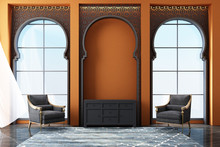 Moroccan Interior Space With Arabic Laser Cut Patterns At Windows And Furniture. 3d Rendering
