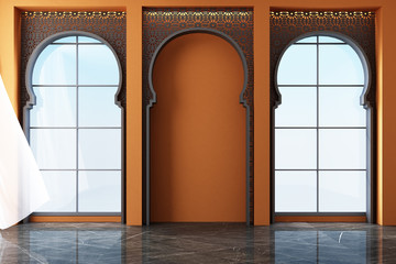 Moroccan interior space with Arabic laser cut patterns at windows and furniture. 3d rendering