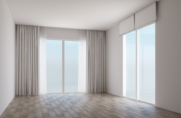 White room interior space with wooden floor and slide door with curtain. 3d render