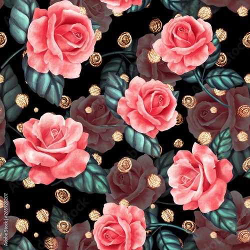 Seamless floral pattern with red roses on black background
