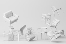 White Chairs In Empty White Background. Concept Of Minimalism & Installation Art. 3d Rendering Mock Up