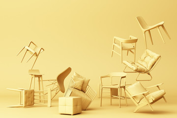 Yellow pastel chairs in empty Yellow background. Concept of minimalism & installation art. 3d rendering mock up