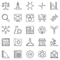 Wall Mural - STEM outline icons set. Vector Science, Technology, Engineering and Mathematics concept symbols or design elements