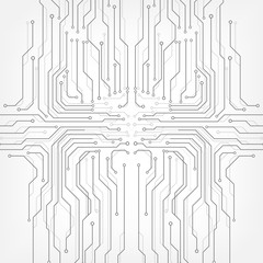 Poster - Circuit Board Technology Information Pattern Concept Vector Background. Grayscale Color Abstract PCB Trace Data Infographic Design Illustration.