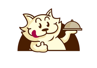  Cute cat serving food for pet cafe logo - vector mascot 