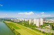Zagreb, Croatia, Sava river from air, city skyline, green landscape