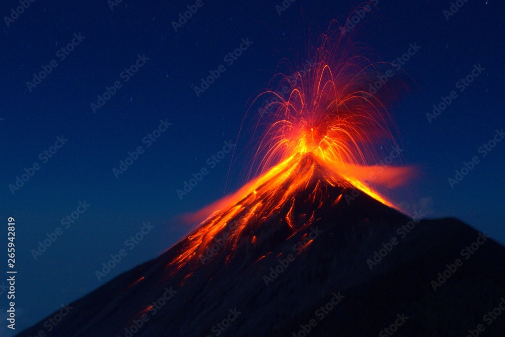 Fuego Volcano eruption, view from volcano Acatenango, Guatemala - obrazy, fototapety, plakaty 