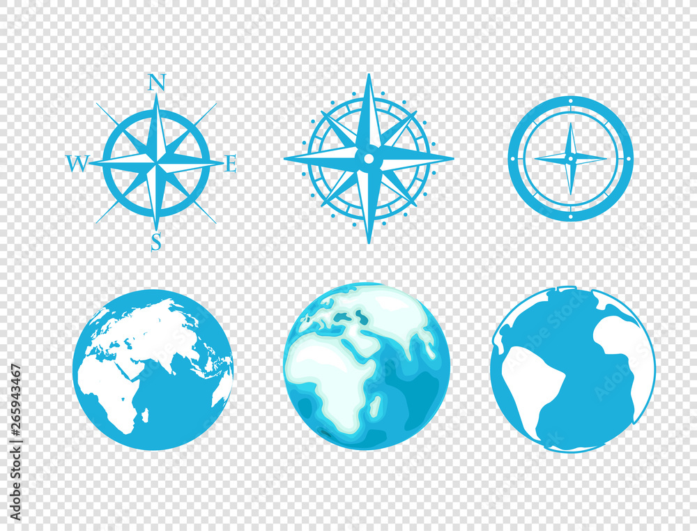 Globe and wind rose vector icons isolated on transparent background ...