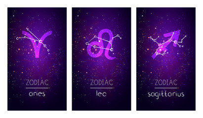 set of three cards with signs of the zodiac, astrological constellations and hand drawn lettering ag
