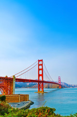 View of Golden Gate Bridge in San Francisco on a sunny day.