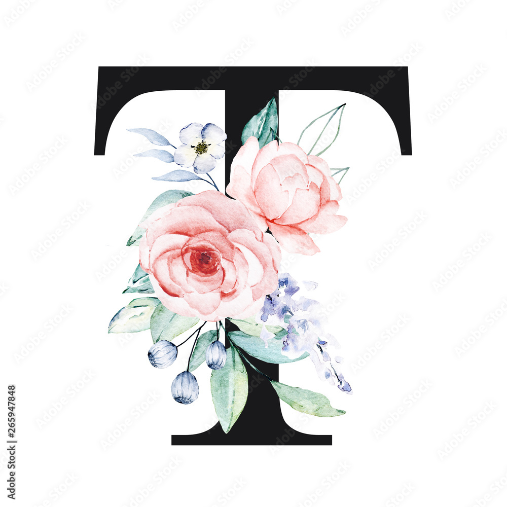 Floral alphabet, letter T with watercolor flowers and leaf. Black 