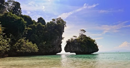 Wall Mural - Exotic tropical nature of Thailand sea coast. Rock cliffs and islands with green plants at sunny summer day