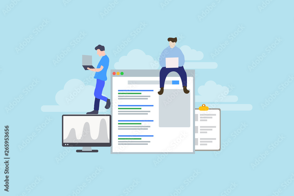 Modern Flat design people and SEO optimized pages business concept, with tiny people character for web landing page template, banner, flyer and presentation. - obrazy, fototapety, plakaty 