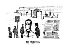 Air Pollution, Hand Drawn Illustration. Sketch Of Smoggy City, Contamination Environment Theme In Vector.