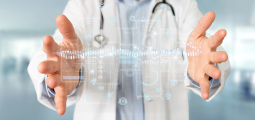 Wall Mural - doctor holding user interface screens with icon, stats and data 3d rendering