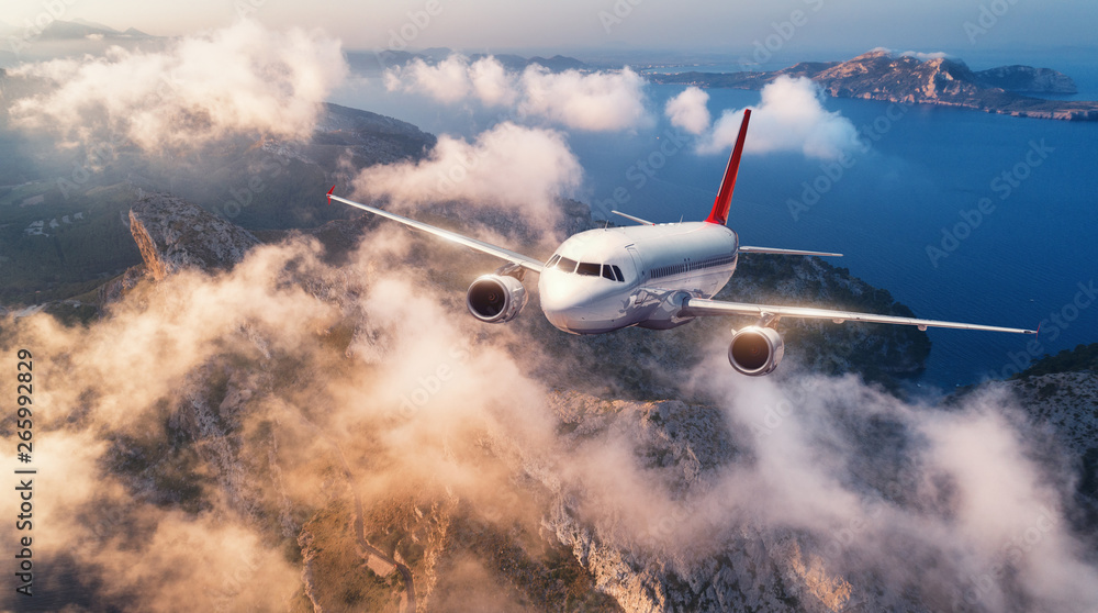 Airplane is flying over mountains and low clouds at sunset in summer. Landscape with passenger airplane, sky in clouds, rocks, sea, sunlight. Business travel. Commercial plane. Aerial view of aircraft - obrazy, fototapety, plakaty 