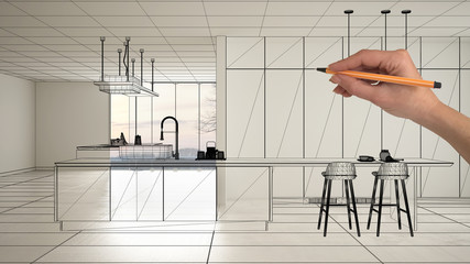 Empty white interior with white marble ceramic tiles, hand drawing custom architecture design, black ink sketch, blueprint showing modern minimalist kitchen, concept, mock-up, idea