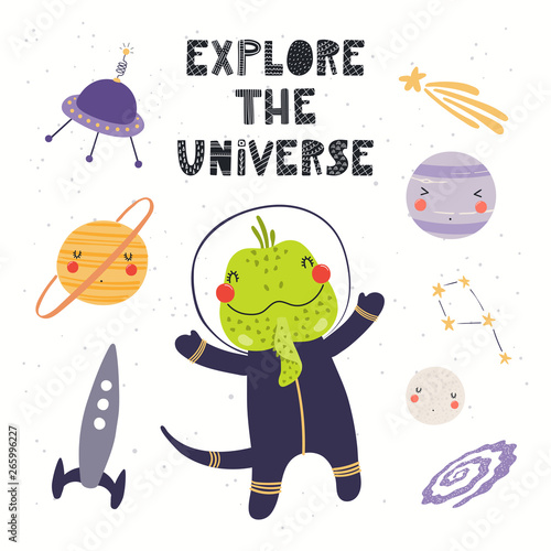 Hand drawn vector illustration of a cute iguana astronaut in space, with lett...