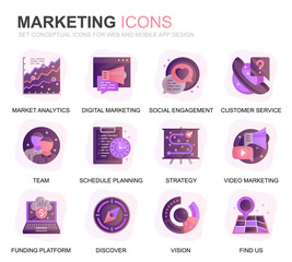 Poster - Modern Set Business and Marketing Gradient Flat Icons for Website and Mobile Apps. Contains such Icons as Vision, Mission, Planning, Market. Conceptual color flat icon. Vector pictogram pack.