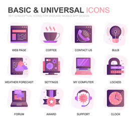 Modern Set Basic Gradient Flat Icons for Website and Mobile Apps. Contains such Icons as Location, Briefcase, Lamp, Support, Business, Award. Conceptual color flat icon. Vector pictogram pack.