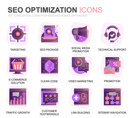Leinwandbilder - Modern Set Seo and Web Optimization Gradient Flat Icons for Website and Mobile Apps. Contains such Icons as Target, Marketing, Traffic Growth. Conceptual color flat icon. Vector pictogram pack.