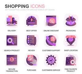 Poster - Modern Set Shopping and E-Commerce Gradient Flat Icons for Website and Mobile Apps. Contains such Icons as Delivery, Payment Method, Store, Commerce. Conceptual color flat icon. Vector pictogram pack.