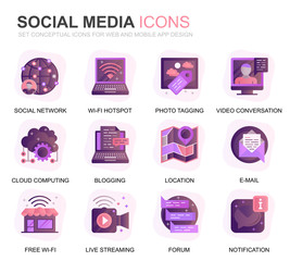 Leinwandbilder - Modern Set Social Media and Network Gradient Flat Icons for Website and Mobile Apps. Contains such Icons as Avatar, Emoji, Chating, Likes. Conceptual color flat icon. Vector pictogram pack.