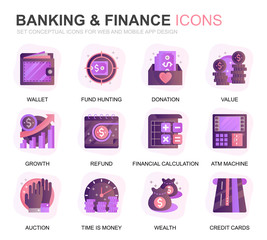 Leinwandbilder - Modern Set Banking and Finance Gradient Flat Icons for Website and Mobile Apps. Contains such Icons as Balance, E-Banking, Auction, Financial Growth. Conceptual color flat icon. Vector pictogram pack.