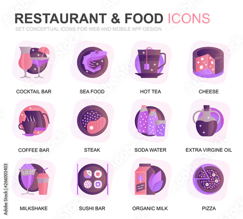 Download Modern Set Restaurant And Food Gradient Flat Icons For Website And Mobile Apps Contains Such Icons As Fast Food Menu Organic Fruit Coffee Bar Conceptual Color Flat Icon Vector Pictogram Pack Stock