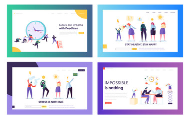 Wall Mural - Stressed Hardworking Business People in Office Website Landing Page Templates Set. Employees Frustrated about Deadline, Working Hard in Lack of Time Web Page. Cartoon Flat Vector Illustration, Banner