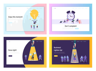 Wall Mural - Business Idea, Deadline, Success Website Landing Page Templates Set. Businesspeople Working Process in Office. Hardworking Employees Reach Goals Web Page. Cartoon Flat Vector Illustration, Banner