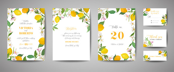 Poster - Set of Botanical wedding invitation card, vintage Save the Date, template design of lemons fruit flowers and leaves, blossom illustration. Vector trendy cover, graphic poster, brochure
