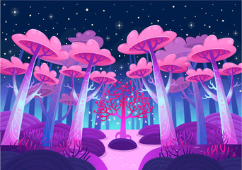 A gaming background, nature landscape. Night forest with magical trees and a lake. Cartoon style vector 