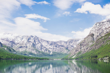 Lake Bohinj in Triglav National Park area in Slovenia, wonderful reflection on a sunny day