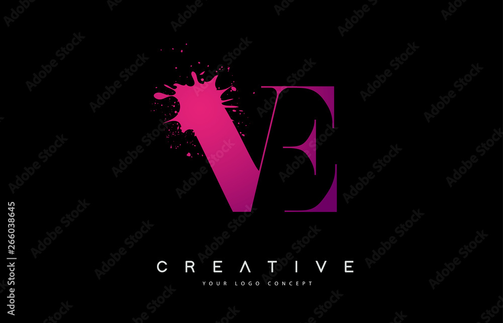 Purple Pink VE V E Letter Logo Design with Ink Watercolor Splash Spill ...