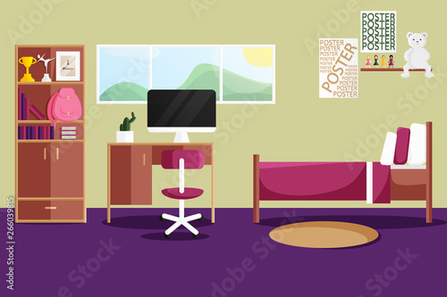 Vector Interior Design Of Single Bedroom For Girl With Home