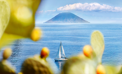 Sicily, Salina Island, Italy. Panoramic view of Stromboli volcano