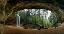Wonders In The Woods Panorama - Located In The Hocking Hills Of Ohio, Ash Cave Is An Enormous Sandstone Recess Cave Adorned With A Beautiful Plunging Waterfall.
