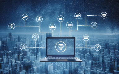 computer laptop with wireless and application programming and social media icons. internet networkin