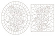 Set of contour stained glass illustrations with bouquets of flowers tulips, dark outlines on white background