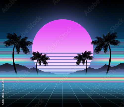 Synthwave and retrowave background template. Palms, sun and space in computer...